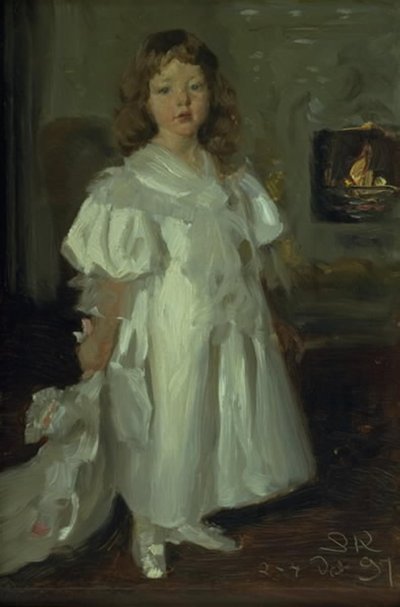 Een klein meisje, Helga Melchior, in een lange jurk door Peder Severin Krøyer