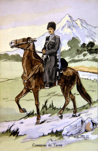 Ansichtkaart met een Terek Kozak, c.1914 door P. (after) Dmitroff