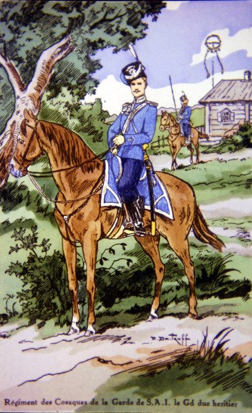Ansichtkaart met een ruiter van het Regiment des Cosaques de la Garde de S.A.I door P. (after) Dmitroff