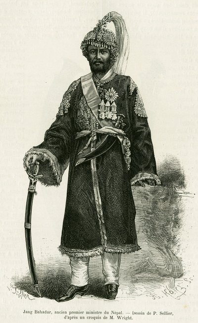 Jang Bahadur (1816-1877), premier van Nepal. Gravure door P.Sellier ter illustratie van het verhaal Voyage au Nepal, door Dr. Gustave Le Bon (1841-1931), in le tour du monde 1886, geregisseerd door Edouard Charton (1807-1890), Hachette, Parijs. door P. (after) Sellier