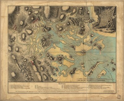 22.000. Handgekleurde. Reliëf getoond door hachures. Diepten getoond door peilingen. Deze kaart is gekopieerd van een origineel plan gebracht naar het hof van Engeland... Toont locatie van Britse en Amerikaanse troepen. Geïndexeerd voor bezienswaardigheden door P. Beaurain; Croisey