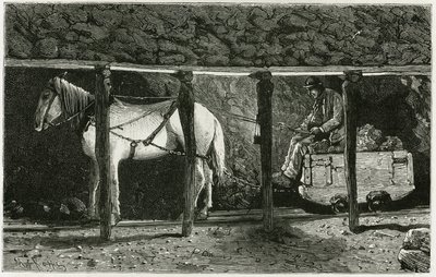 Interieur van een galerij met berlaine. Gravure door Ferat, ter illustratie van het verhaal "België", door Camille Lemonnier (1844-1913) Belgische schrijver. Gepubliceerd in Le Tour du monde, nouveau journal des voyages, 2e semester 1884, uitgegeven door E door P. Ferat