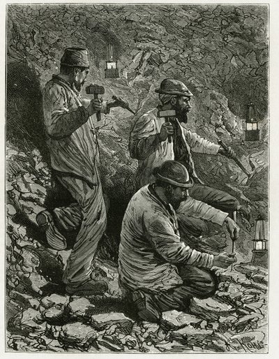 Mijnwerkers die kolen winnen in de ader. Gravure door Ferat, ter illustratie van het verhaal 