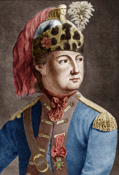 Ridder van Eon (1728-1810), Franse geheime agent voor de koning, hij kleedde zich vaak als vrouw, ingekleurde gravure door P. Jean Baptiste Bradel