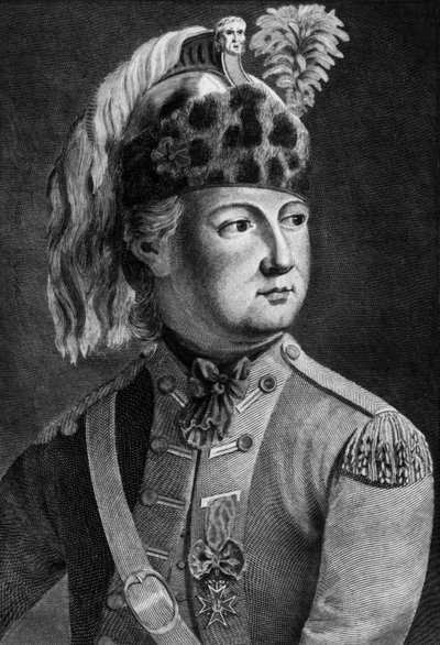 Ridder van Eon (1728-1810), Franse geheime agent voor de koning, hij kleedde zich vaak als vrouw, gravure door P. Jean Baptiste Bradel