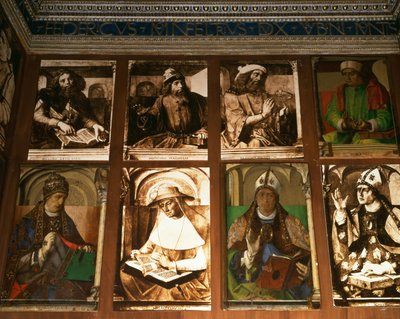 De studie van Federigo da Montefeltro, Hertog van Urbino, met Griekse filosofen Plato (c.427-347 v.Chr.) en Aristoteles (384-322 v.Chr.); Ptolemaeus, astronoom (c.90-168); Boëthius, filosoof (c.48 door P. Joos van Gent and Berruguete