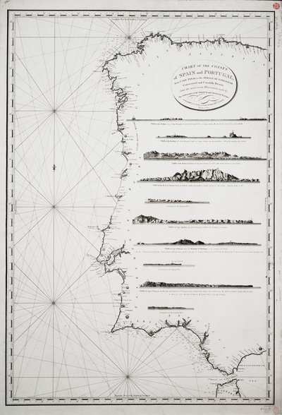Kaart van de kusten van Spanje en Portugal, van Kaap Pinas tot de Straat van Gibraltar, geconstrueerd en zorgvuldig getekend op basis van de meest recente waarnemingen door de officieren van de Franse en Spaanse marines door P. Steel