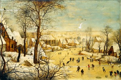 Een Dorp in de Winter met een Vogelval en Schaatsers op een bevroren waterweg door P. the Younger Brueghel