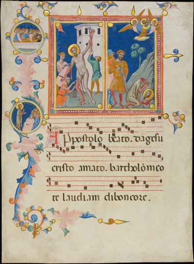 Manuscriptblad met de Martelaarschap van Sint Bartholomeus, uit een Laudario, ca. 1340 door Pacino di Bonaguida