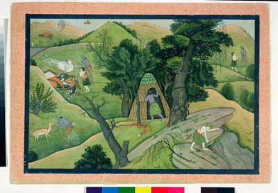 Rama en Lakshmana dwalen rond op zoek naar Sita, uit de Ramayana door Pahari School