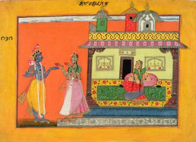 Krishna arriveert bij Radhas huis, illustratie uit een manuscript van de Rasamanjari van Bhanudatta, Basholi stijl, c.1660-70 door Pahari School