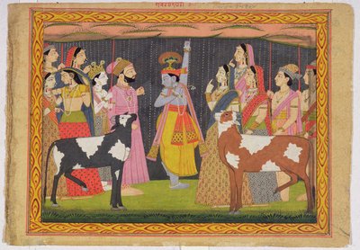 Krishna tilt de berg Govardhana op, uit de Bhagavata purana door Pahari School