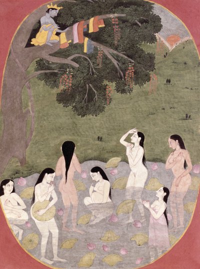 Krishna met de kleren van de koeienmeisjes, Tehri-Garhwal, ca.1820-30 door Pahari School