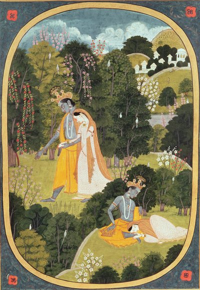 Radha en Krishna wandelend in een bos, Kangra, Himachal Pradesh, 1820-25 door Pahari School