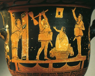 Apulische krater met scène van theater, karikatuur van geboorte van Helena in ei, toegeschreven aan schilder uit Dijon, roodfigurig aardewerk, Detail, uit Bari, Apulië, Italië, Oude Griekse beschaving, Magna Graecia, 4e eeuw v.Chr. door Painter Dijon