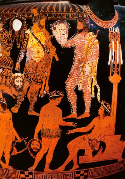 Roodfiguren voluutkrater met een acteur die zijn masker vasthoudt, uit Ruvo, ca. 410 v.Chr. door Painter Pronomos