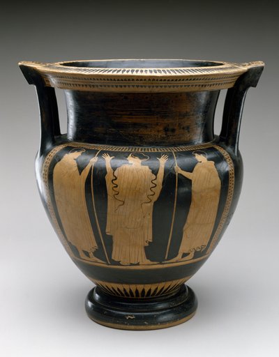 Roodfiguren kolomkrater met scène van een vrouw en twee jongeren, 480-460 v.Chr. door Painter Syriskos