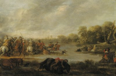 Een cavaleriegevecht bij een rivier door Palamedes Palamedesz