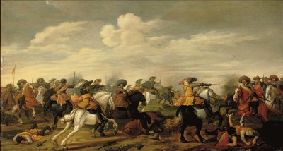 Een cavaleriegevecht in een landschap door Palamedes Palamedesz