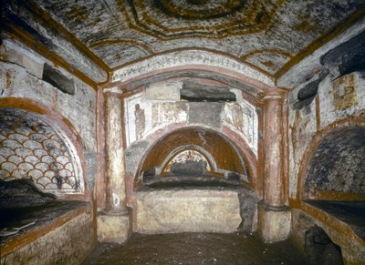 vroegchristelijke kunst: Catacomben van Domitilla. Cubiculum van Orpheus, midden 3e eeuw (fresco) door Paleo Christian