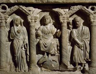 Vroegchristelijke sarcofaag ook bekend als Sarcofaag van de Zalige Giles, marmer, Oratorium van San Bernardino, Perugia, Umbrië, (detail), Italië, 4e eeuw door Paleo Christian