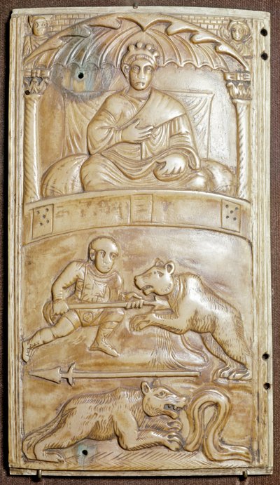 Spelen in het Circus met een beer (ivoor reliëf diptiek, ca. 400) door Paleo Christian