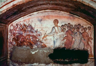 Paleochristelijke kunst (periode van het oude Rome): De doortocht door de Rode Zee. Fresco van de Catacombe van Via Latina in Rome. 4e eeuw door Paleo Christian