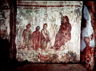 Vroegchristelijke kunst: Mozes gered uit het water. Fresco, 4e eeuw na Chr. Catacombe van Via Latina in Rome door Paleo Christian