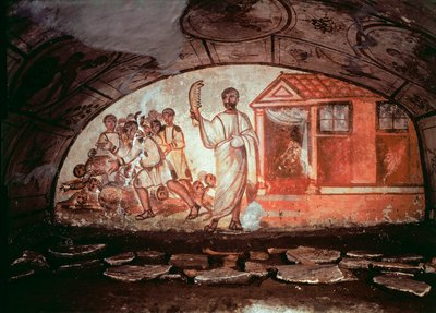 Paleochristelijke kunst (periode van het oude Rome): Samson, gewapend met een ezelskaak, doodt de 1000 Filistijnen. Fresco van de catacomben van Via Latina in Rome. 4e eeuw door Paleo Christian