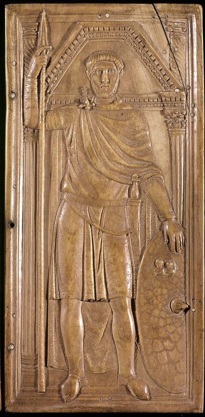 Stilicho in wapenrusting, generaal, patriciër en consul van het West-Romeinse Rijk. Rechter paneel van het diptiek van Stilicho (ivoorsculptuur, ca. 395) door Paleo Christian