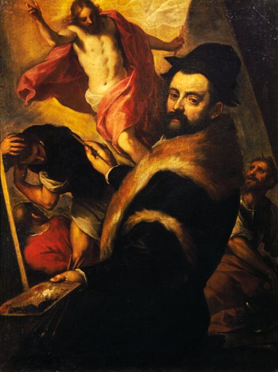 Zelfportret tijdens het schilderen van de Opstanding door Palma Il Giovane