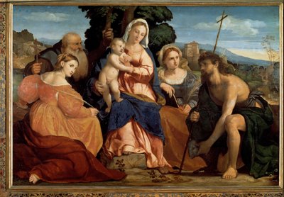 Maagd met kind met St. Catharina en St. Celestine (links) en Johannes de Doper en Barbara (rechts) door Palma Il Giovane