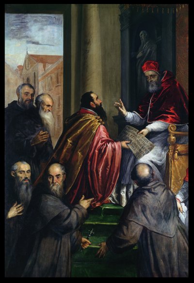 Paus Paulus IV overhandigt een statuut door Palma Il Giovane