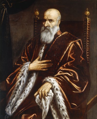 Portret van een Venetiaanse senator, zittend driekwart lengte, in een rode fluwelen mantel door Palma Il Giovane