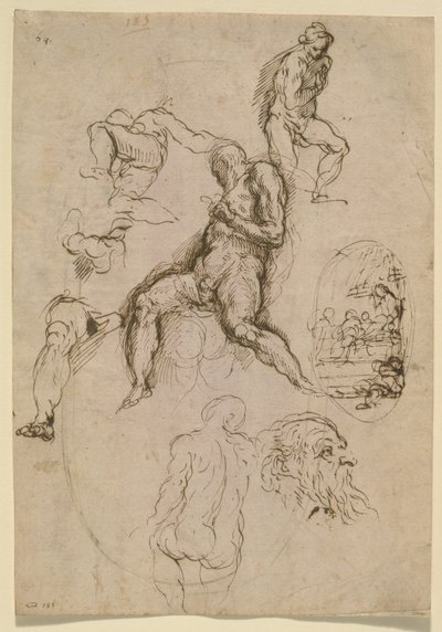 Blad met studies voor schilderij in de Salone del Maggior Consiglio, Dogepaleis, Venetië door Palma Il Giovane