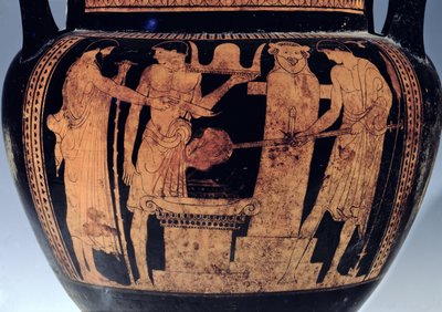 Attische roodfigurige krater, detail, versierd met een scène van Vulcans smidse, 5e eeuw v.Chr. door Pan Painter