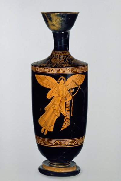 Attische roodfigurige lekythos versierd met een gevleugelde figuur van Nike, gevonden in Gela, ca. 490-80 v.Chr. (keramiek) door Pan Painter