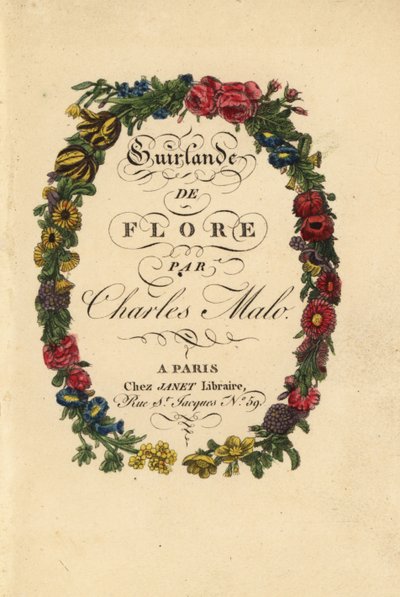 Kalligrafische titelpagina binnen een bloemenkrans van rozen, tulpen en andere bloemen door Pancrace (after) Bessa