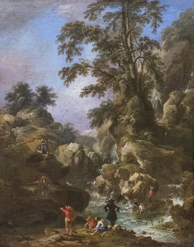 Landschap met waterval en figuren door Pandolfo Reschi