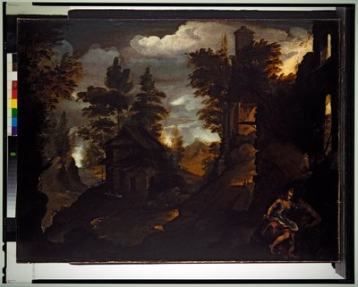 Een nimf en een sater bij een vervallen gebouw in een rotsachtig bebost landschap door Paolo (1540 96) Fiammingo