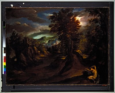 Een bebost berglandschap met slapende Antiope door Paolo (1540 96) Fiammingo