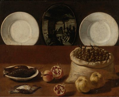 Stilleven met borden, een zak gevuld met olijven, wild, granaatappels en kweepeer door Paolo Antonio Barbieri