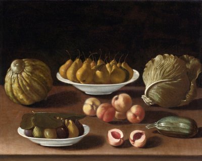 Stilleven met peren, perziken, vijgen, een meloen, kool en merg door Paolo Antonio Barbieri