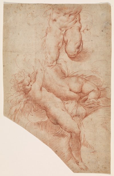 Een engel of putto, een liggende vrouw van achteren gezien en het onderlichaam van een gespierde man door Paolo Farinati