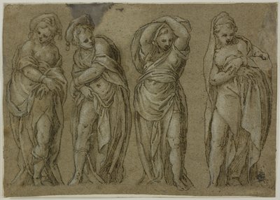 Vier staande gedrapeerde vrouwenfiguren door Paolo Farinati