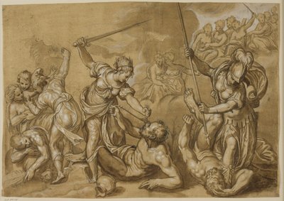 Gerechtigheid, Mercurius en Minerva verslaan de ondeugden terwijl een groep godinnen vanuit de wolken toekijkt door Paolo Farinati