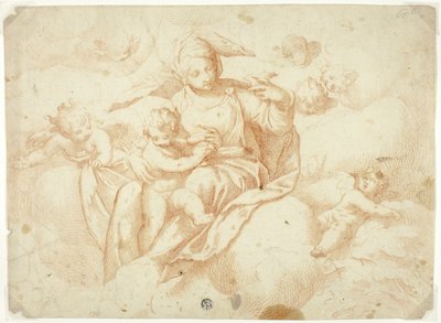 Maagd en kind gezeten op wolken door Paolo Farinati
