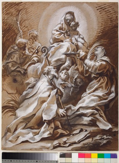 De Maagd en het Kind in Glorie met Heiligen Fortunato, Nicolaas, Jacobus en Christoffel door Paolo Gerolamo Piola