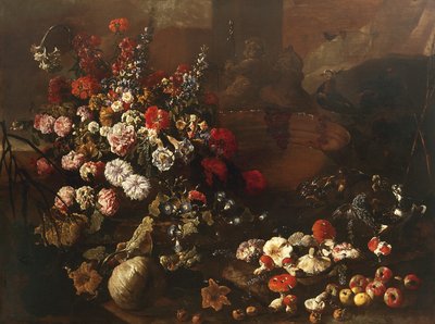 Stilleven met Bloemen, Fruit, Paddenstoelen en Vogels door Paolo Porpora