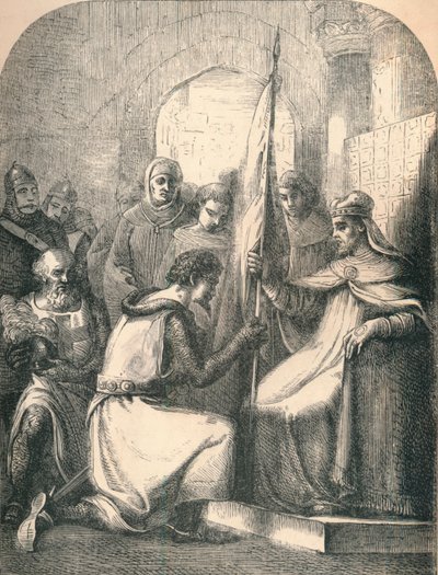 Hugh de Vermandois ontvangt een gewijde banier van Paus Urbanus, 1869 door Paolo Priolo